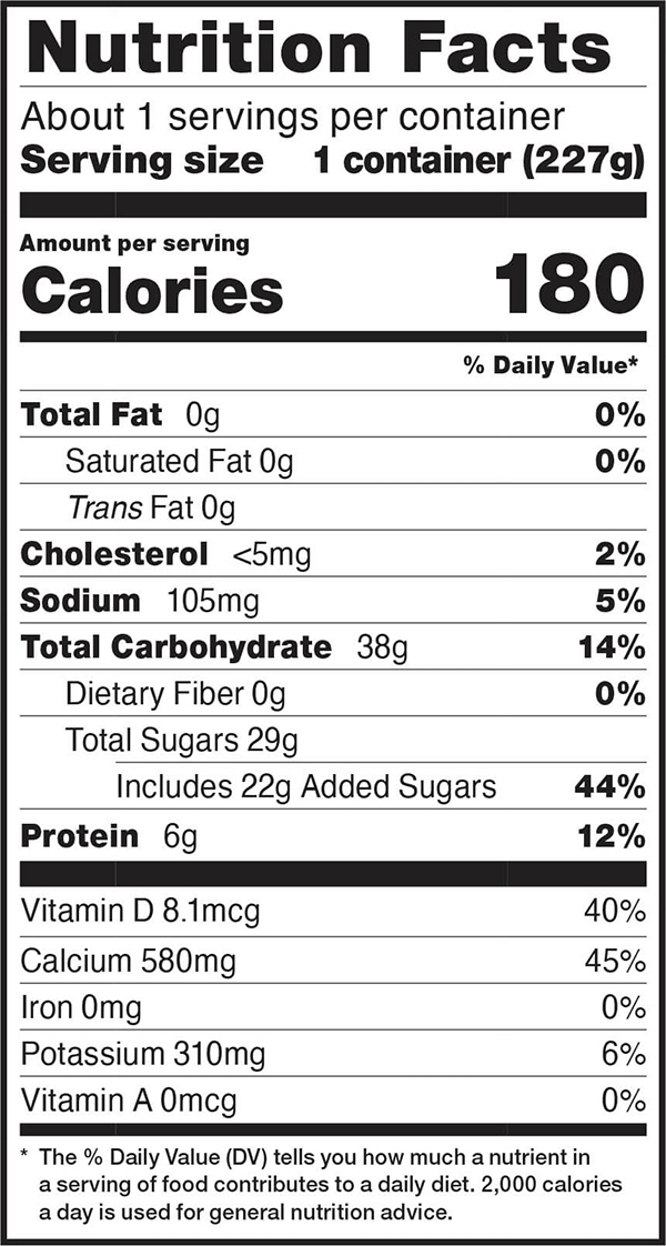 Nutrition facts for 8 OZ. Blueberry