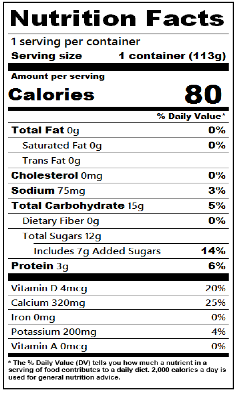 Nutrition facts for 4 oz. Strawberry Banana Nonfat