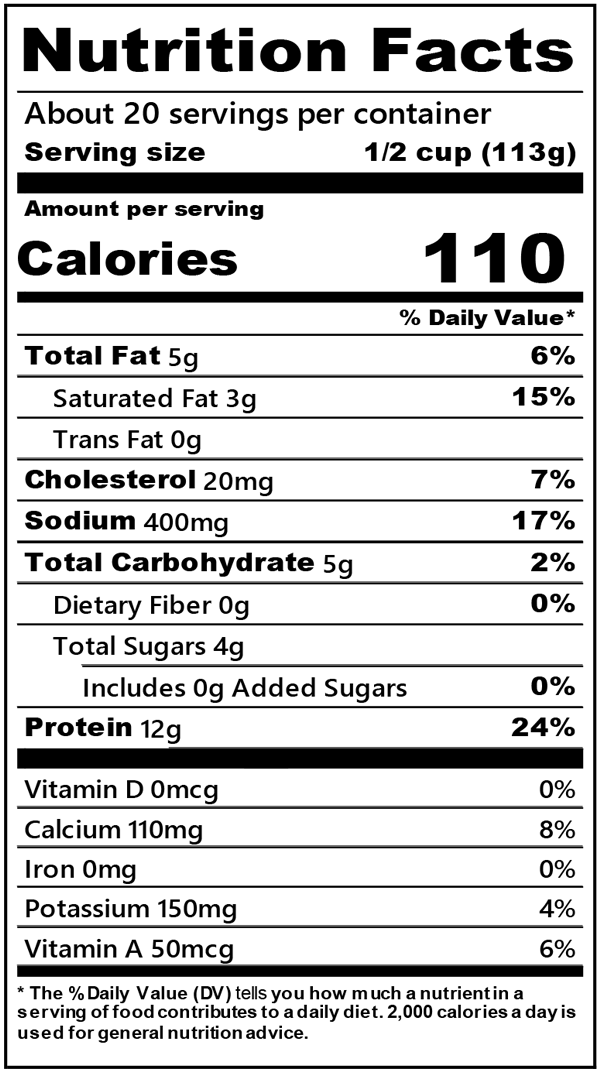 Nutrition facts for 5 LB. 4% MILKFAT
