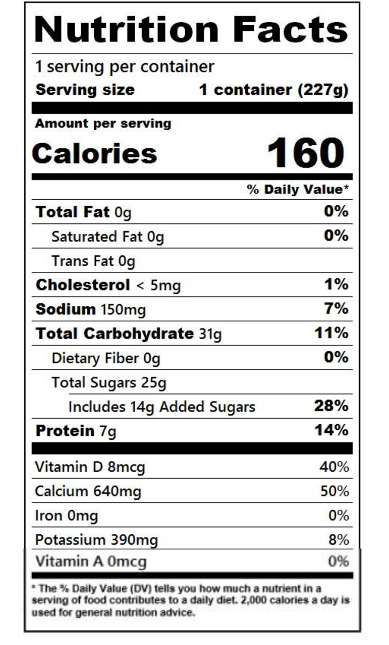 Nutrition facts for 8 oz. Cherry Vanilla Nonfat