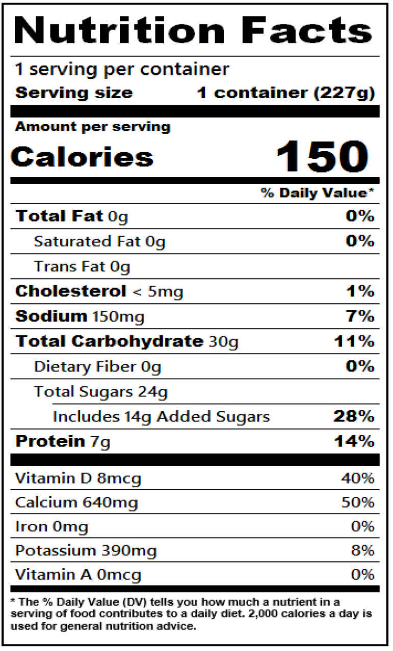 Nutrition facts for 8 oz. Country Peach Nonfat