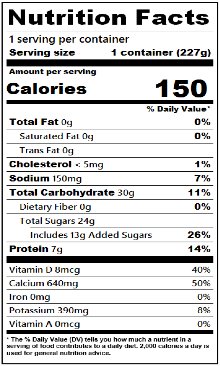 Nutrition facts for 8 oz. Strawberry Banana Nonfat