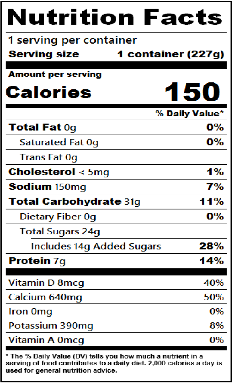 Nutrition facts for 8 oz. Sweet Strawberry Nonfat